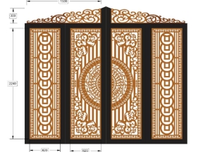Bản vẽ thiết kế cnc cổng 4 cánh có vòm hoa văn trống đồng đồng tiền