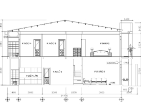 Bản vẽ thiết kế kiến trúc nhà phố 2 tầng mái tôn kích thước 4x14.4m 