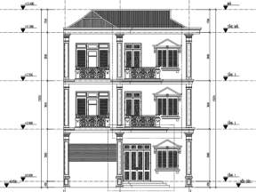 Bản vẽ thiết kế nhà phố 3 tầng căn góc hai mặt tiền mái thái 9.5x16m