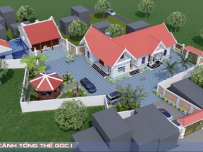 Bản vẽ thiết kế nhà vườn 1 tầng chữ L + nhà thờ 3 gian