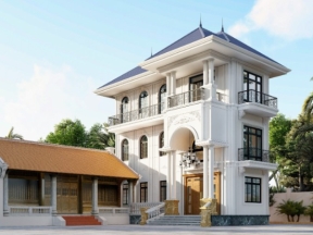 Biệt thự 3 tầng cực đẹp model sketchup có nhà thờ họ