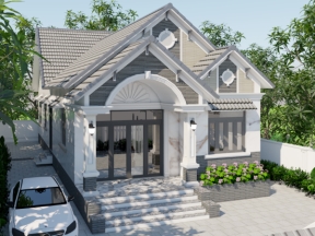 Biệt thự mái thái 1 tầng 7.6x20m file cad và sketchup