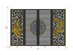 Cửa sắt cổng 4 cánh cnc trang trí hoa văn cọp nổi model dxf