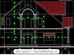 Dựng mẫu file cad thiết kế kiến trúc nhà mái thái 2 tầng kích thước 9x12.6m