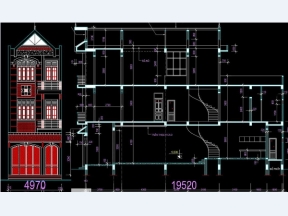 File Cad bản vẽ thiết kế nhà phố kiến trúc tân cổ điển 3 tầng 5x19.5m mặt tiền