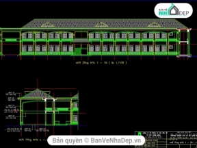 File cad bản vẽ xây dựng chi tiết kiến trúc nhà lớp học 2 tầng, trường THCS Long Biên