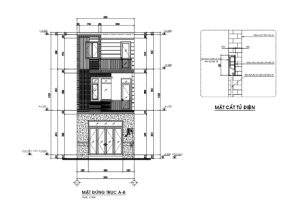 File cad mẫu nhà phố 2 tầng 1 tum 5x21.7m