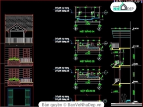File thiết kế bản vẽ autocad nhà phố 3 tầng 1 tum - Full hạng mục: Kiến trúc, kết cấu, điện nước
