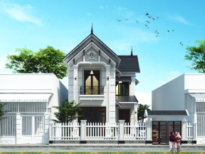 Full bản vẽ thiết kế kỹ thuật thi công + ảnh phối cảnh ngoại thất nhà 2 tầng chữ L mái Thái kích thước 7.72x12.74m