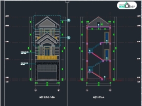 Full file cad Kiến trúc, Kết cấu, Điện nước nhà phố 3 tầng mái thái kích thước  5x22m