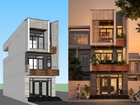 Hồ sơ bản vẽ CAD kiến trúc và 3D SketchUp nhà phố 5x16m 3 tầng phong cách hiện đại