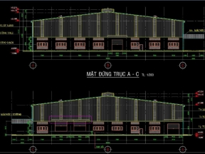 Hồ sơ thiết kế nhà máy thiết bị điện 2 xưởng 56x112m đầy đủ kiến trúc và kết cấu