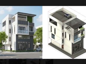 Mẫu revit nhà phố 3 tầng có gác lửng phong cách hiện đại