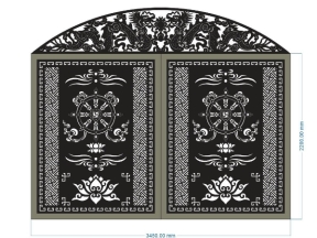 Model cổng 2 cánh bánh xe pháp luân và chóp rồng dxf