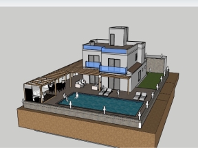 Model sketchup mẫu biệt thự 2 tầng bể bơi 9.75x11m