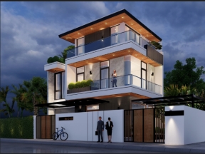 Model sketchup nhà 3 tầng hiện đại 9x9.8 m