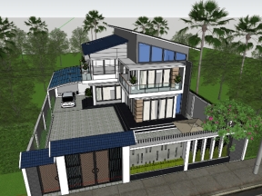 Model sketchup nhà biệt thự 2 tầng mái lệch