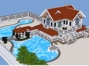 Model sketchup nhà biệt thự tân cổ điển 2 tầng có hồ bơi
