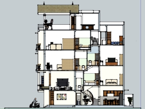 Model sketchup nhà lệch tầng đầy đủ nội thất 6.5x12.5m