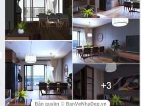 Model sketchup + vray thiết kế nội thất căn hộ chung cư phòng khách và nhà bếp