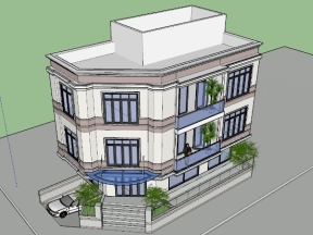 Model su + file autocad bản vẽ thiết kế nhà phố 2 mặt tiền tân cổ điển 3 tầng 7.7x14.3m