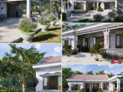 Model su nhà ở quê 1 tầng hình L kiểu biệt thự vườn ở quê (full cây)