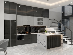 Model Su Phòng bếp phong cách hiện đại tông màu tối Vray render