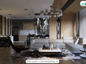 Model.skp 2020 livingroom phòng khách bếp bàn ăn