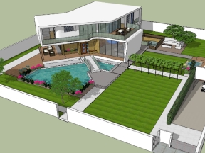 Nhà biệt thự 2 tầng có hồ bơi đẹp model sketchup 