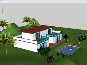 Nhà biệt thự 2 tầng đẹp dựng model sketchup có hồ bơi