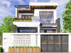 Bản vẽ thiết kế nhà phố 2 tầng hiện đại 7.6x15.8m - Full hồ sơ CAD