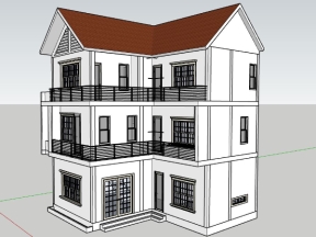 Nhà biệt thự 3 tầng chữ L model sketchup kích thước 10.8x11.4m