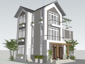 Nhà biệt thự mái thái 3 tầng 9x10m model sketchup 