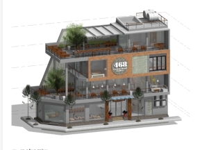 Revit 2019 file bản vẽ nhà phố 3 tầng kinh doanh cafe kích thước 5.78x22m đầy đủ kiến trúc