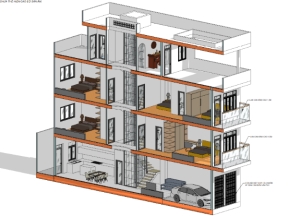 Revit thiết kế nhà phố 3 tầng 1 tum 4x18m có thiết kế thang máy