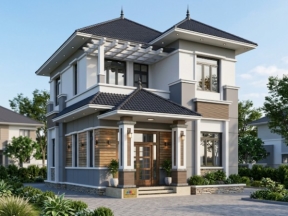 Sketchup nhà biệt thự mái nhật 2 tầng sang trọng