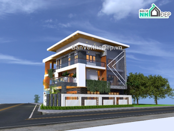 biệt thự 3 tầng,3 tầng,Bản vẽ thiết kế biệt thự,nhà 3 tầng 13x13.5m,nhà 3 tầng mặt tiền 13m