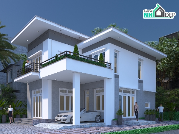 biệt thự 2 tầng,cad biệt thự,hiện đại