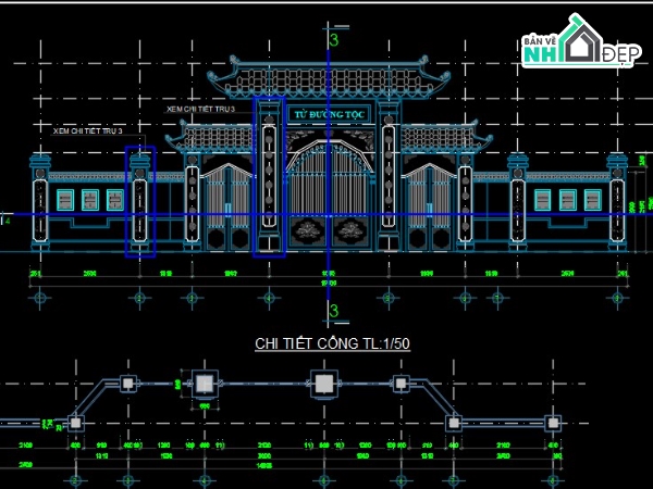 cad cổng chùa,cad từ đường,cad nhà thờ họ
