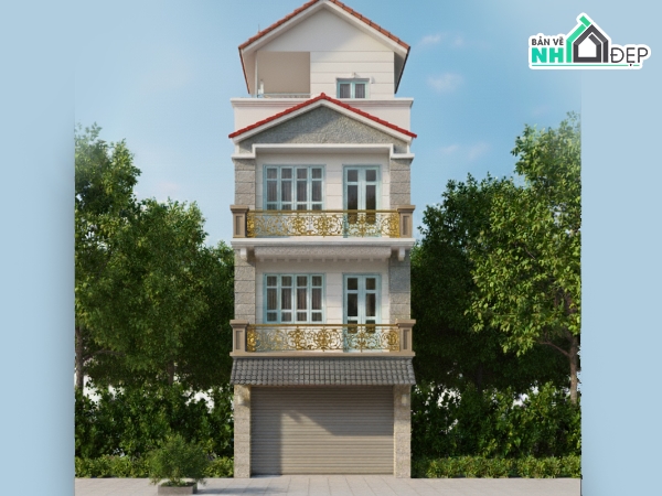 Bản vẽ kiến trúc nhà phố,nhà phố tân cổ điển,thiết kế nhà phố 5x13m