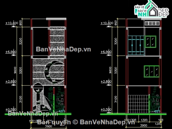 Bản vẽ CAD mẫu nhà phố 3 tầng 4x16m
