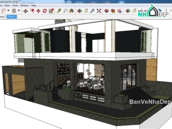 bản vẽ thiết kế quán cà phê,quán cà phê,quán coffee,sketchup coffee,quán cafe 7x13.5m