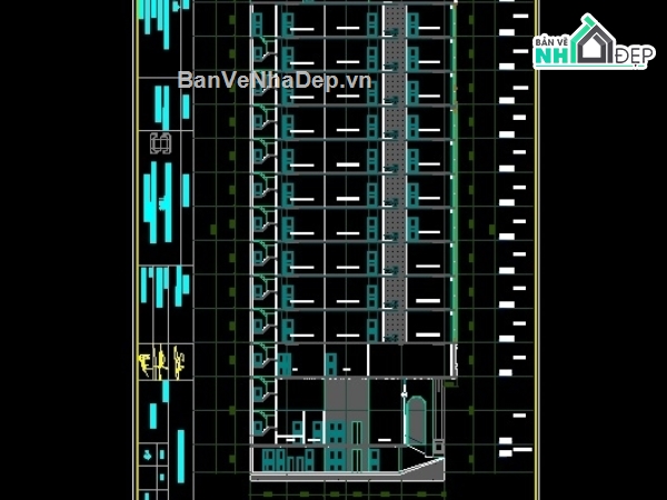 bản vẽ thiết kế khách sạn 12 tầng KT 9x20m,Bản vẽ khách sạn  KT9x20m cao12 tầng,Bane vẽ thiết kế khách sạn mặt tiền 9m,Bản vẽ thiết kế khách sạn diện tích 180m2 cao 12t