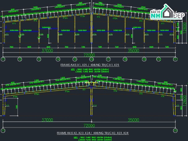 xưởng thép tiền chế,kết cấu thép nhà xưởng,kết cấu nhà thép,Thiết kế kết cấu nhà xưởng 2 nhịp,Bản vẽ nhà xưởng khung thép tiền chế,FIle Autocad kết cấu thép nhà xưởng