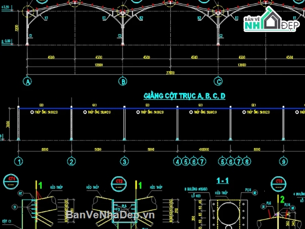 nhà để xe 3 khoang,nhà để xe file cad,file cad nhà để xe