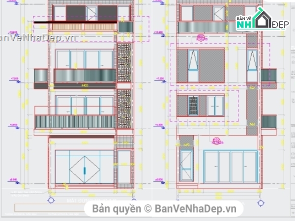 Bản vẽ kiến trúc dụng mẫu vila shop nhà phố 4 tầng kích thước 6x12m