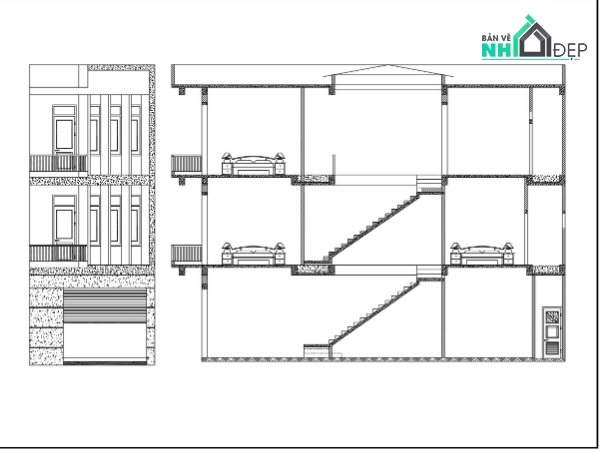 Bản vẽ kiến trúc nhà phố 3 tầng đẹp phong cách hiện đại 5x14.5m ...