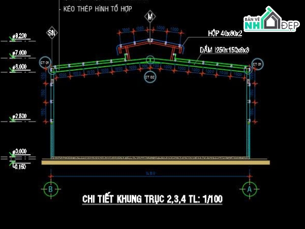 bản vẽ nhà dân 14x23.5m,hồ sơ kiến trúc kết cấu nhà dân,bản vẽ nhà khung thép,nhà thép kết hợp bê tông cốt thép,nhà khung thép
