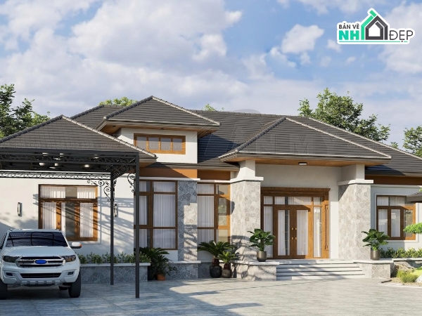1 tầng mái nhật,nhà 1 tầng,biệt thự 1 tầng mái nhật,file cad biệt thự 1 tầng