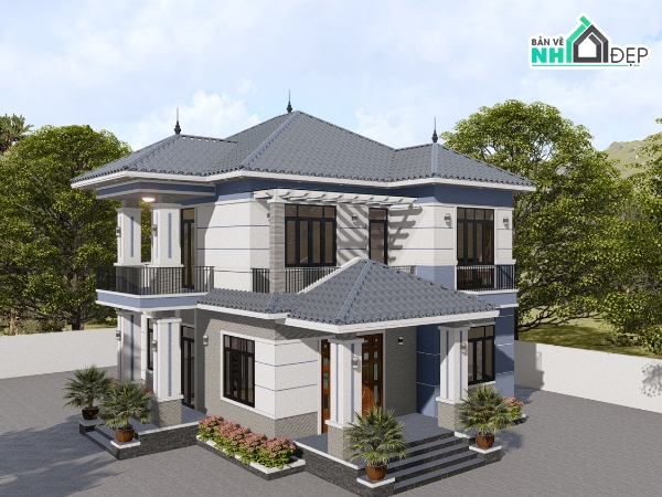 kiến trúc nhà 2 tầng,biệt thự 2 tầng,biệt thự 2 tầng mái nhật,bản vẽ biệt thự 2 tầng